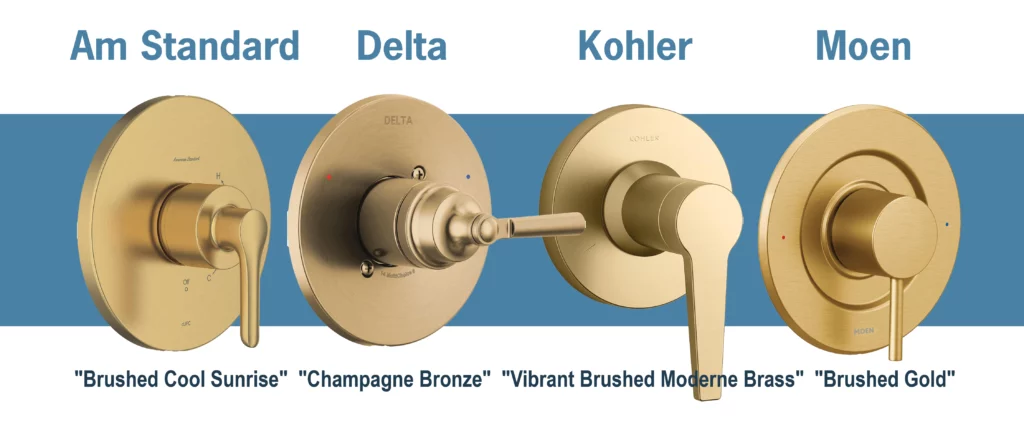 Side-by-side comparison of gold shower fixture finishes from American Standard, Delta, Kohler, and Moen