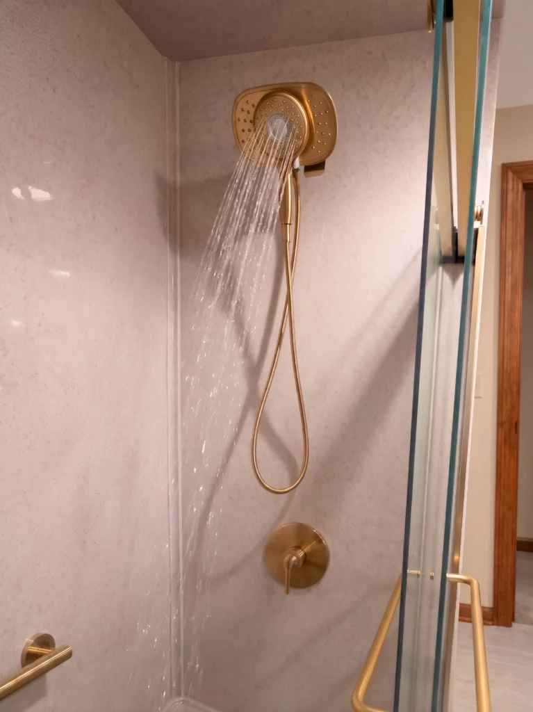 American Standard Spectra Duo in brushed cool sunrise installed in an Onyx Collection walk-in shower in Skaneateles, NY by Bath Pros