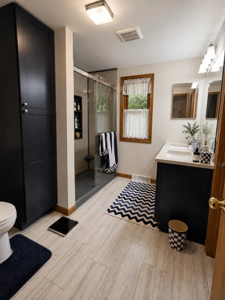 A completed full bathroom remodel in Cicero NY featuring an Onyx Collection walk-in shower, Tarkett ProGen LVT flooring, custom vanity top and all-hardwood Fabuwood cabinetry.