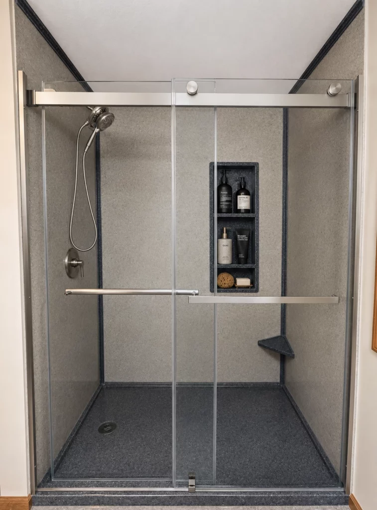 Walk in shower featuring the Onyx Collection on bathroom remodel in Cicero NY