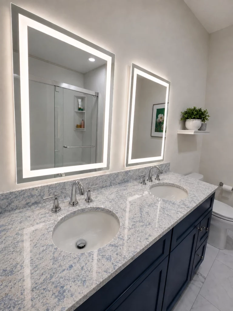 Full bathroom remodel with Fabuwood Allure Galaxy Collection vanity base and custom Cambria 'Montgomery' quartz countertop