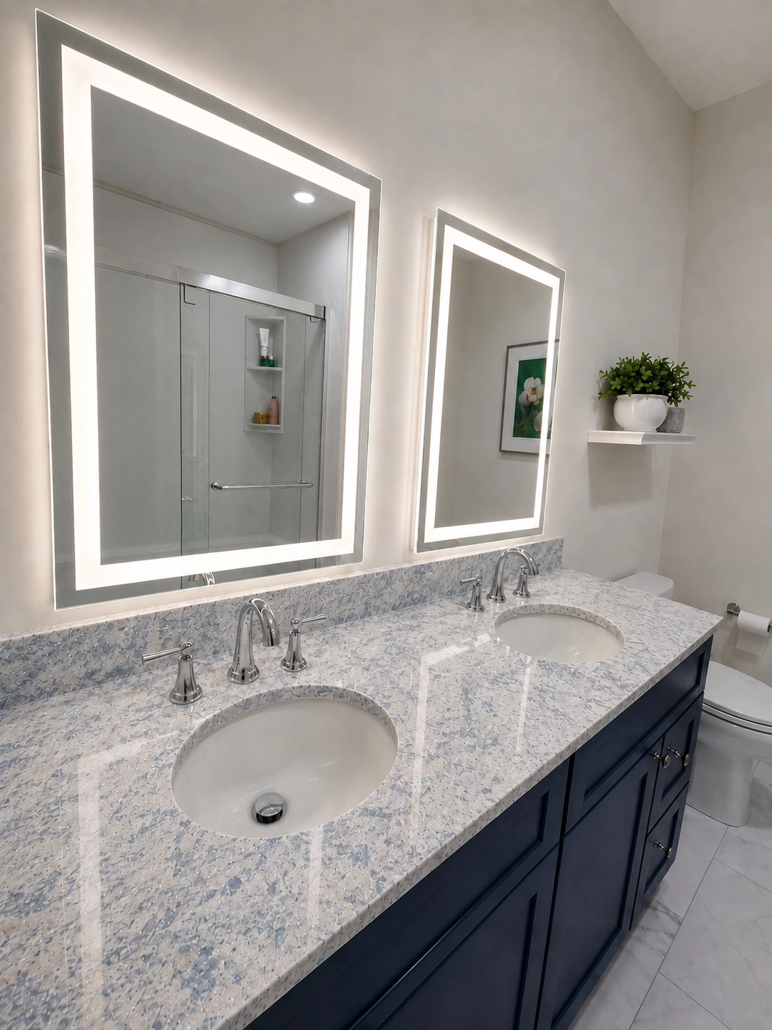 Full bathroom remodel with Fabuwood Allure Galaxy Collection vanity base and custom Cambria 'Montgomery' quartz countertop