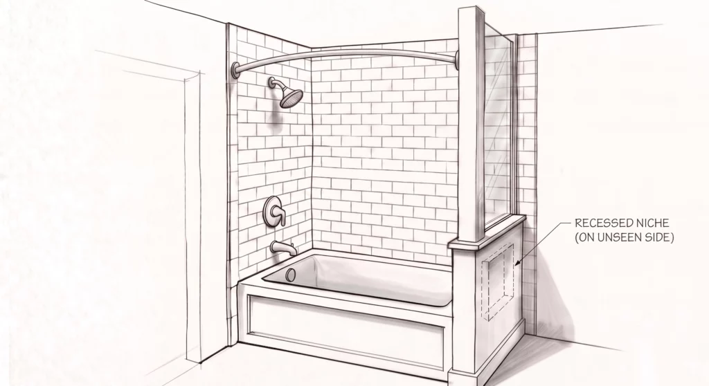 Sketch of a tub/shower design with an integral pillar 