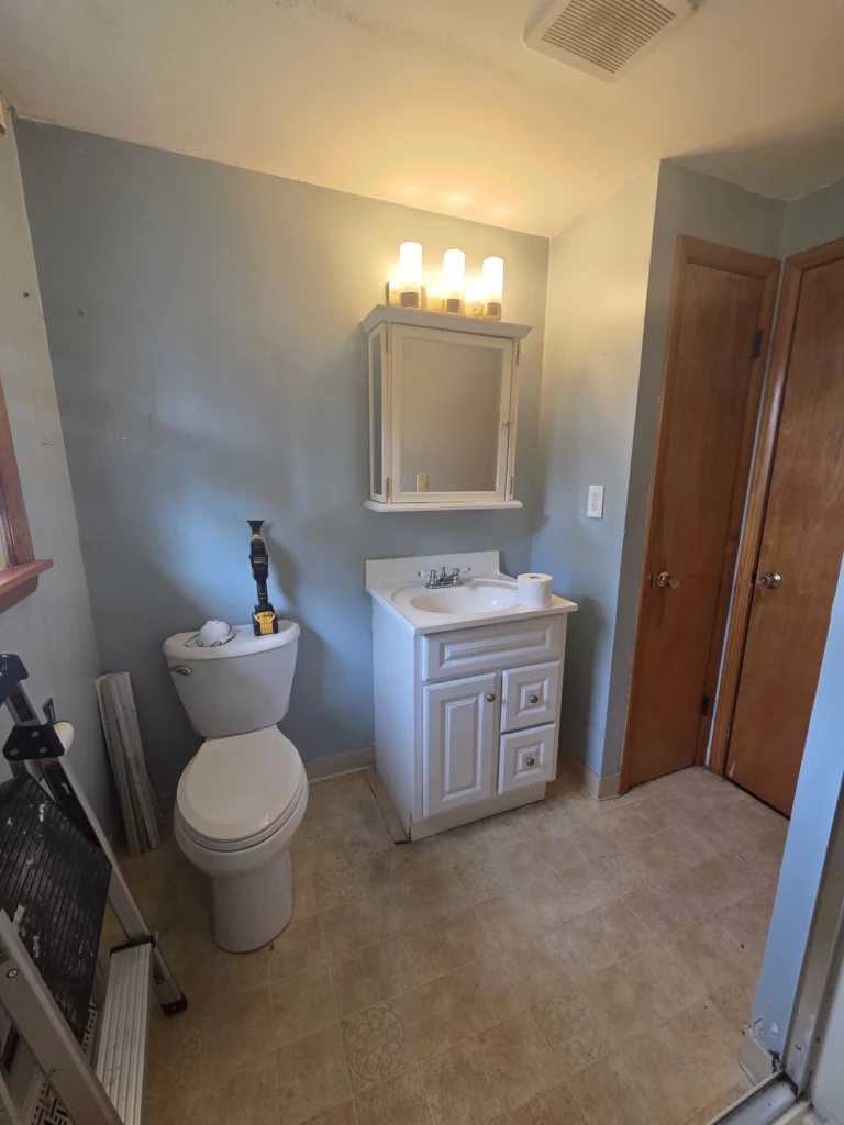 Original vanity and toilet before the complete East Syracuse bathroom remodel.