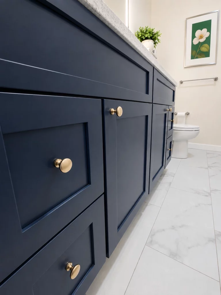 Close-up of Fabuwood vanity base in 'Indigo' installed in Cicero NY by Bath Pros